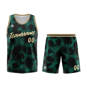 Uniforme de baloncesto personalizado con estampado de leopardo verde y logotipo impreso con tu nombre y número