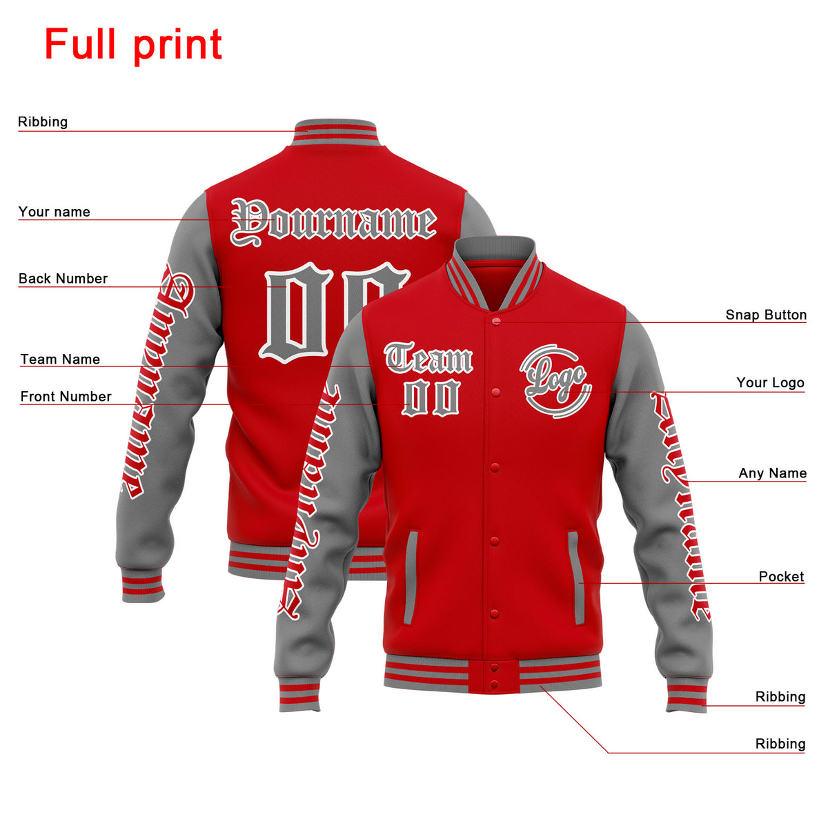 Chaqueta universitaria personalizada estilo Letterman para hombres-mujeres y jóvenes-color rojo y gris