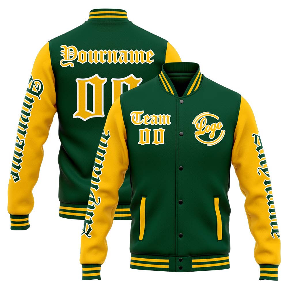 Chaqueta universitaria personalizada estilo Letterman para hombres-mujeres y jóvenes-color verde y amarillo