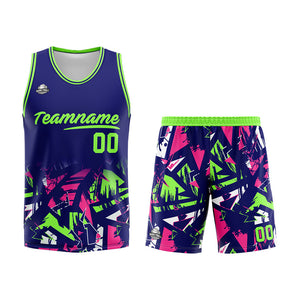 Uniforme de baloncesto personalizado azul marino verde neón con tu logotipo-nombre y número impresos