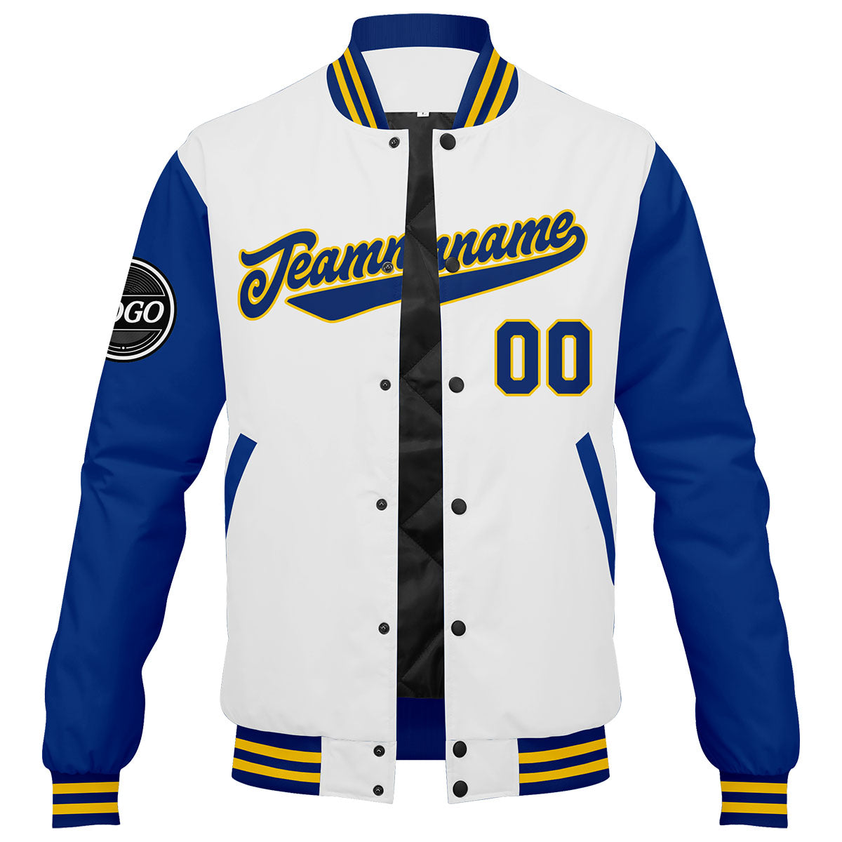 Chaqueta universitaria personalizada estilo Letterman para hombres-mujeres y jóvenes-color azul rey y amarillo