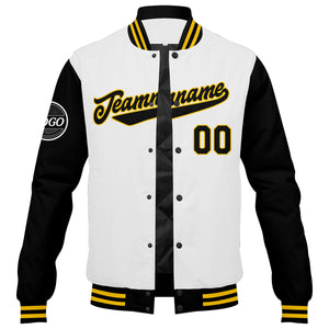 Chaqueta universitaria personalizada estilo Letterman para hombres-mujeres y jóvenes en colores negro-blanco y amarillo