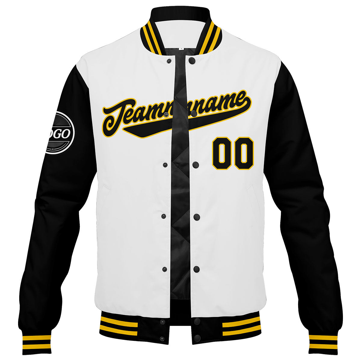 Chaqueta universitaria personalizada estilo Letterman para hombres-mujeres y jóvenes en colores negro-blanco y amarillo