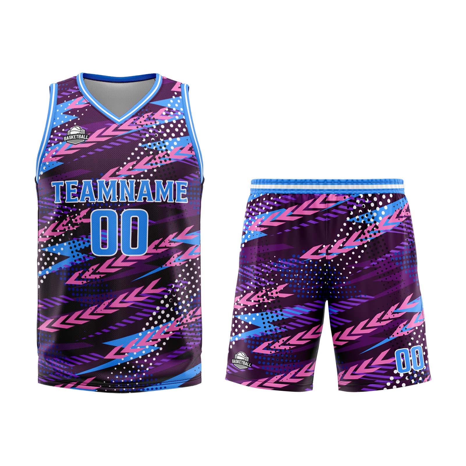 Uniforme de baloncesto personalizado rosa y azul con tu logotipo-nombre y número impresos