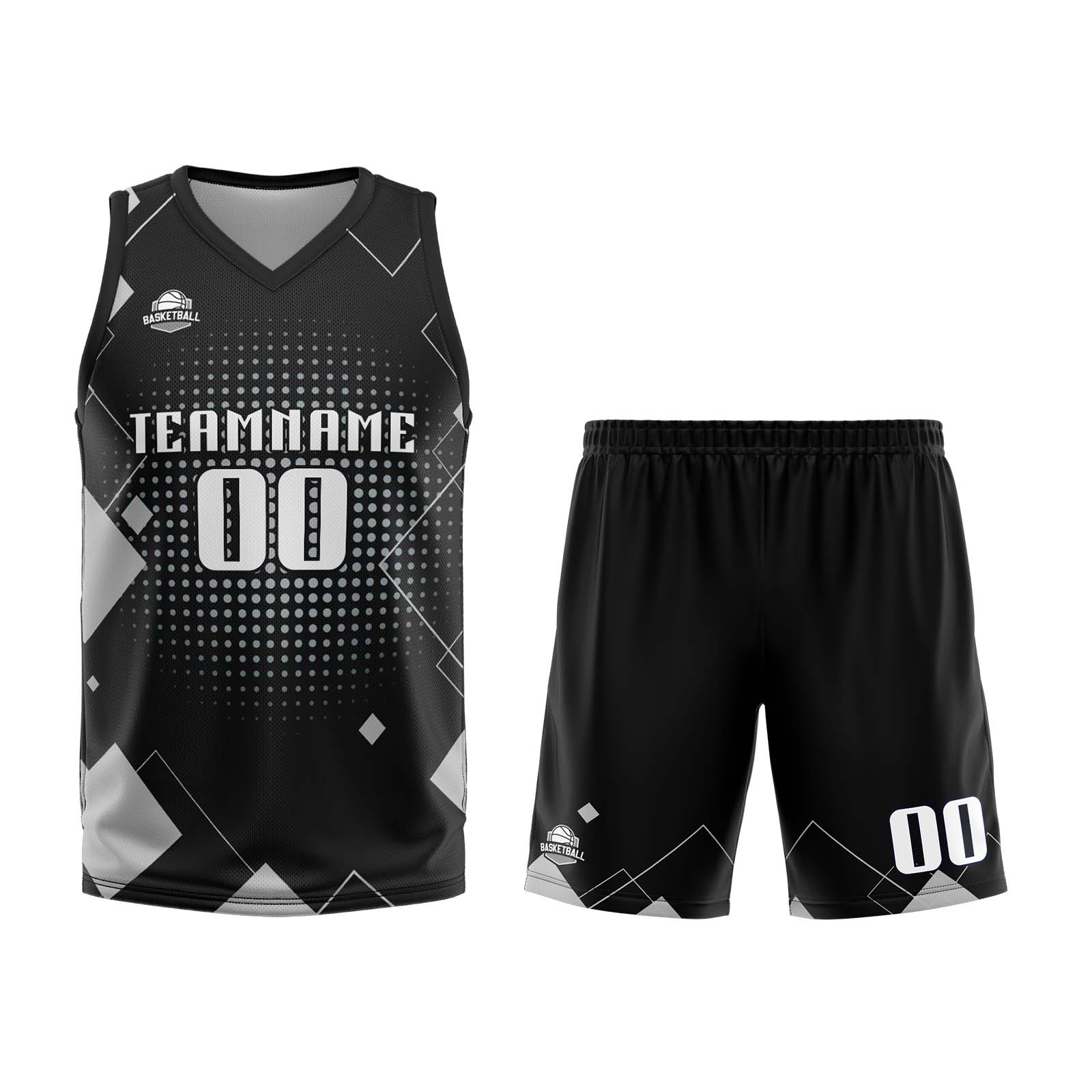 Uniforme de baloncesto gris con diseño geométrico personalizado-estampado con tu logotipo-nombre y número