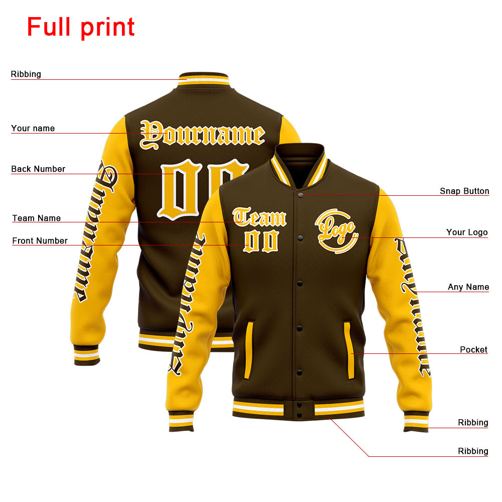 Chaqueta universitaria personalizada estilo Letterman para hombres-mujeres y jóvenes-color marrón y amarillo