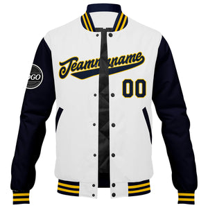 Chaqueta universitaria personalizada estilo Letterman para hombres-mujeres y jóvenes en azul marino-blanco y amarillo