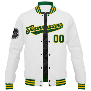 Chaqueta universitaria personalizada estilo Letterman para hombres-mujeres y jóvenes en colores verde-amarillo y blanco