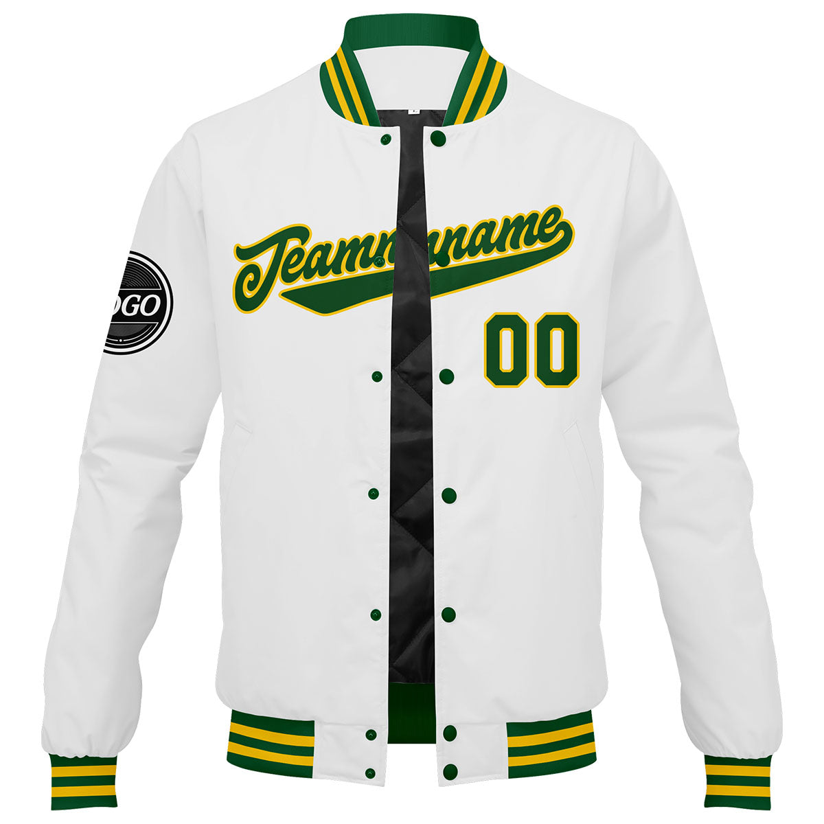 Chaqueta universitaria personalizada estilo Letterman para hombres-mujeres y jóvenes en colores verde-amarillo y blanco