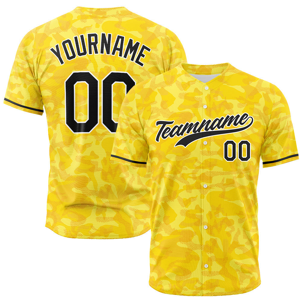 Dise?o personalizado de camiseta de béisbol con estampado completo camuflaje amarillo
