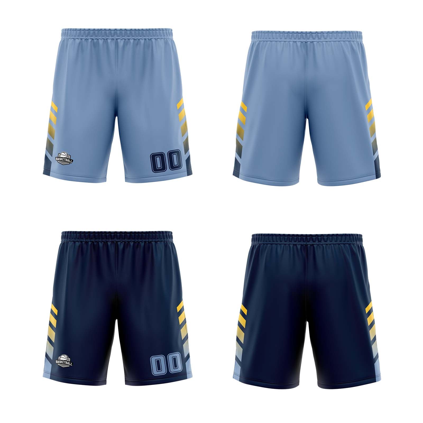 Traje de baloncesto reversible personalizado azul claro-azul marino y amarillo para adultos y niños