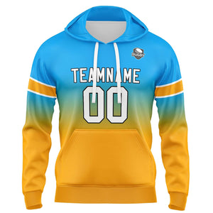Sudadera con capucha personalizada con degradado para hombre-mujer-niña o niño Estampa tu logotipo-nombre o número Color azul claro y naranja