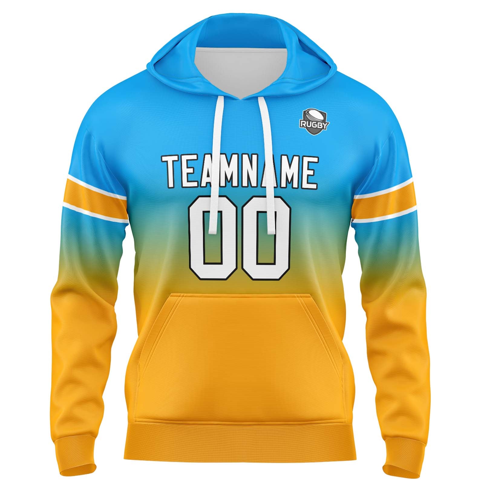 Sudadera con capucha personalizada con degradado para hombre-mujer-niña o niño Estampa tu logotipo-nombre o número Color azul claro y naranja