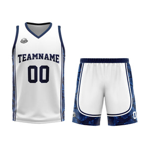 Uniforme de baloncesto personalizado blanco y azul oscuro con tu logotipo-nombre y número impresos