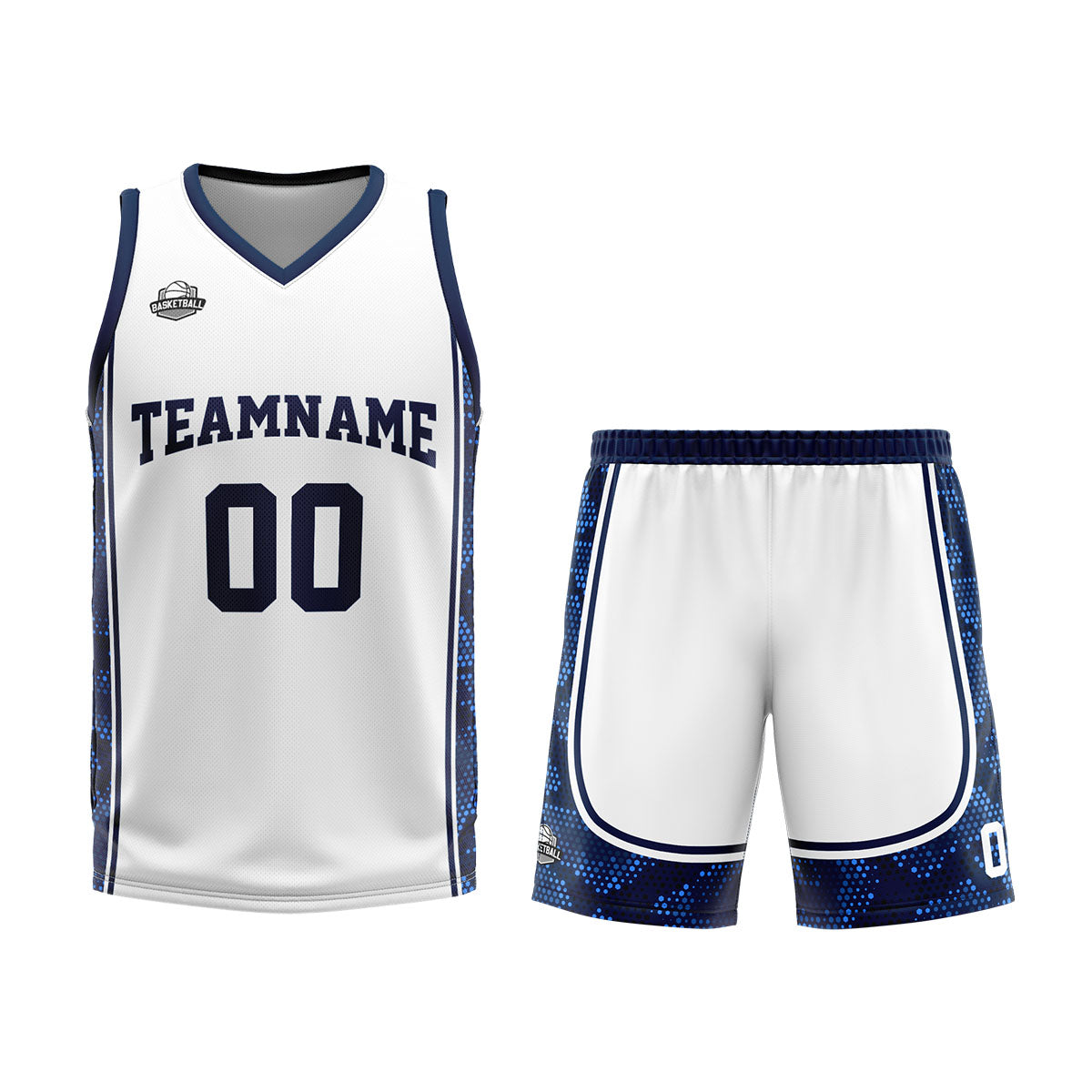 Uniforme de baloncesto personalizado blanco y azul oscuro con tu logotipo-nombre y número impresos