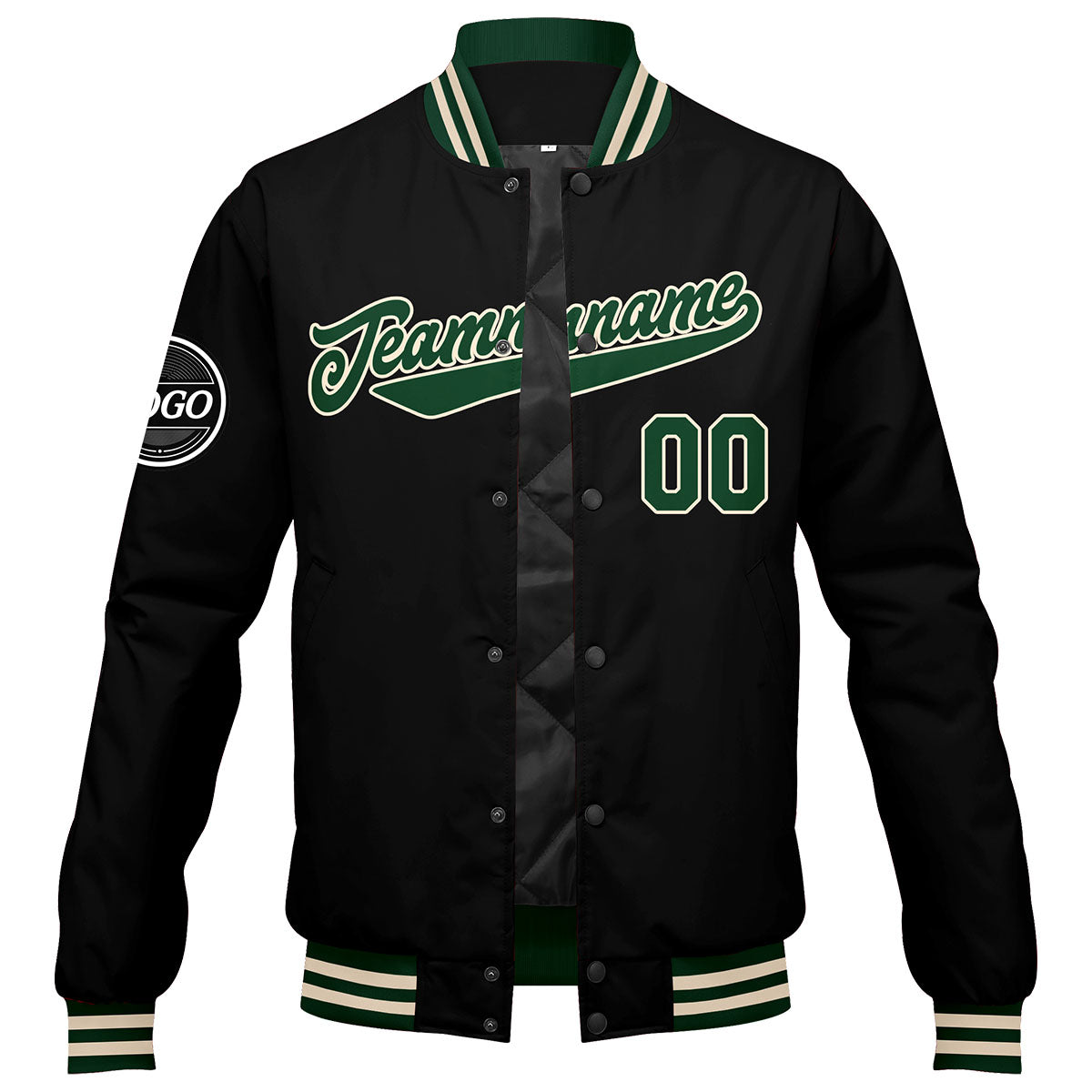 Chaqueta universitaria personalizada estilo Letterman para hombres-mujeres y jóvenes-color verde oscuro-negro y crema