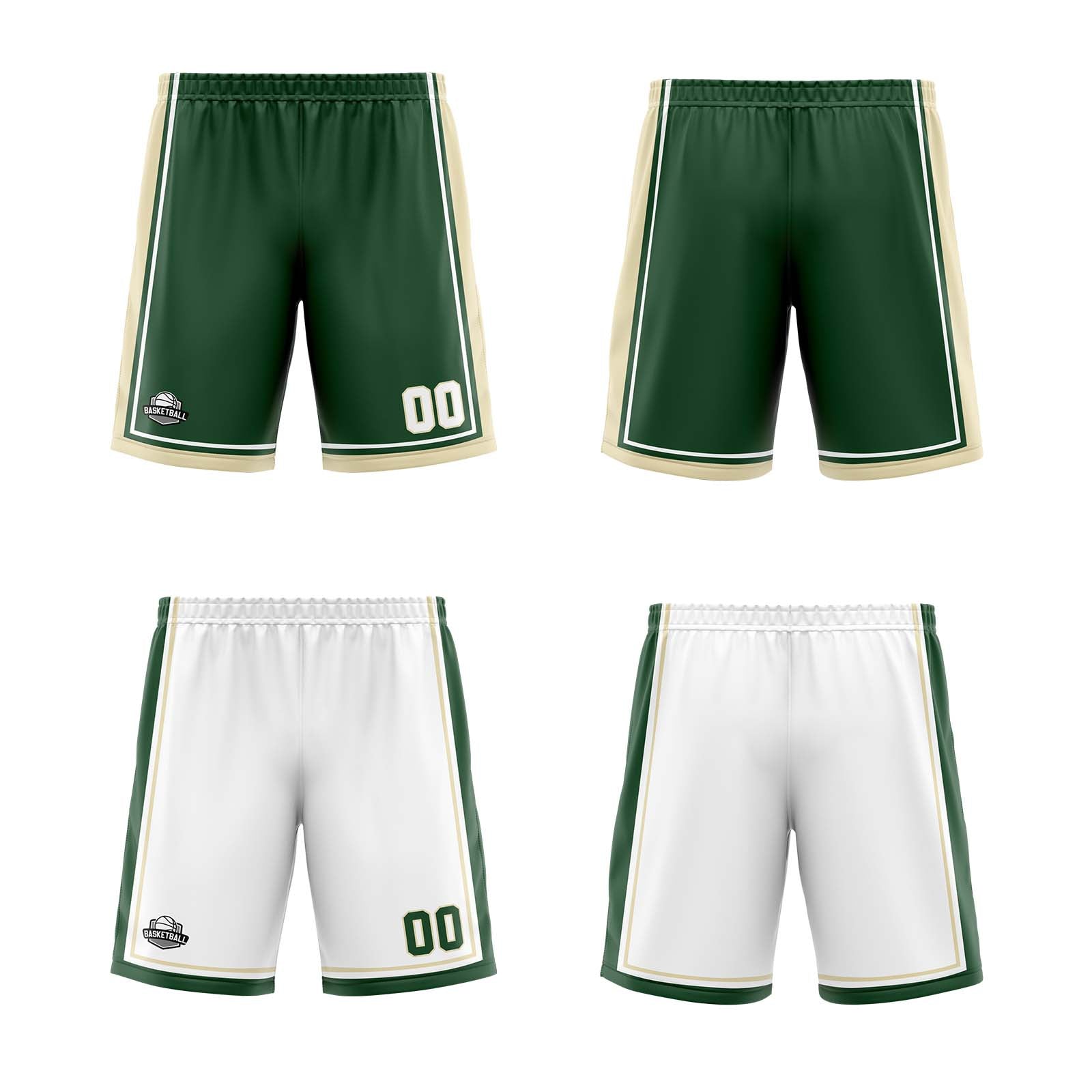 Traje de baloncesto reversible personalizado en verde oscuro-blanco y crema para adultos y niños