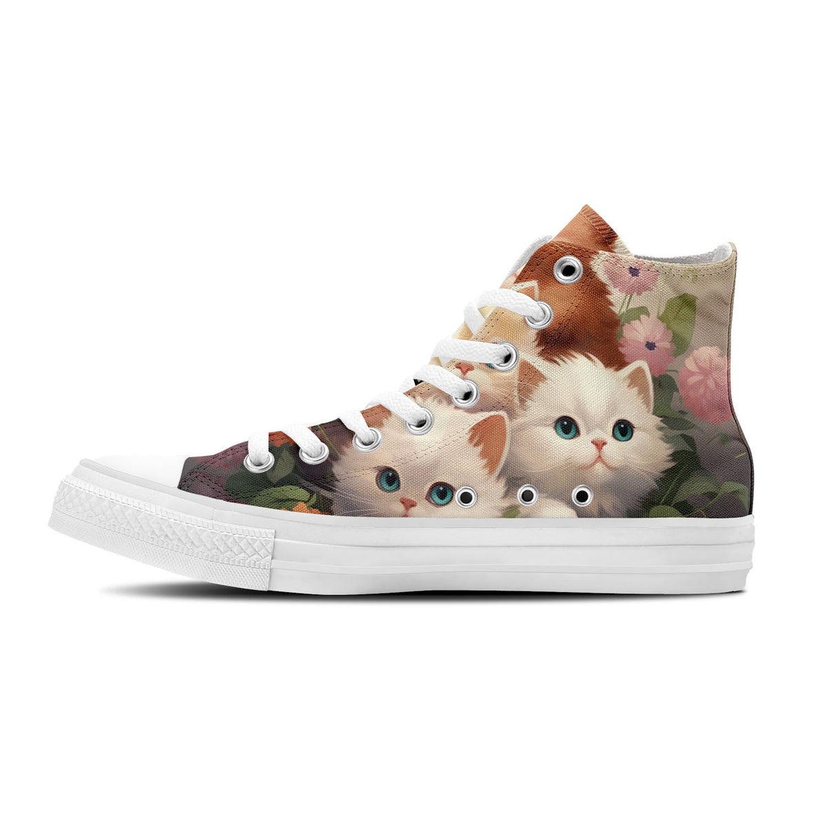 Whiskers Wonderland: Adéntrate en la ternura unisex con nuestras adorables zapatillas de lona de corte medio-con divertidos diseños de gatitos para hombres y mujeres