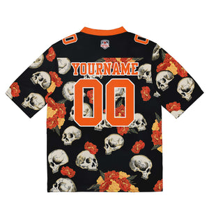 Camiseta de fútbol personalizada con nombre y número del equipo bordados y estampados en color naranja (calavera)
