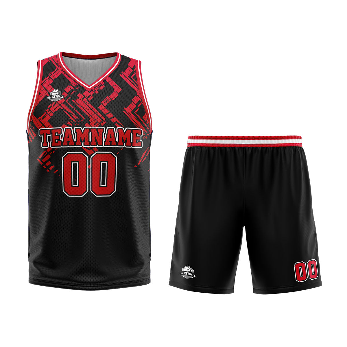 Uniforme de baloncesto personalizado en negro y rojo con tu logotipo-nombre y número impresos