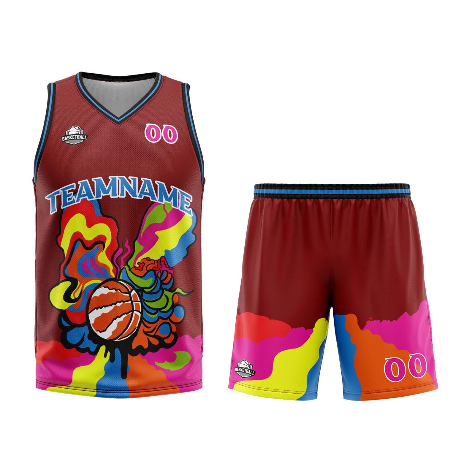 Uniforme de baloncesto personalizado color burdeos con tu logotipo-nombre y número impresos