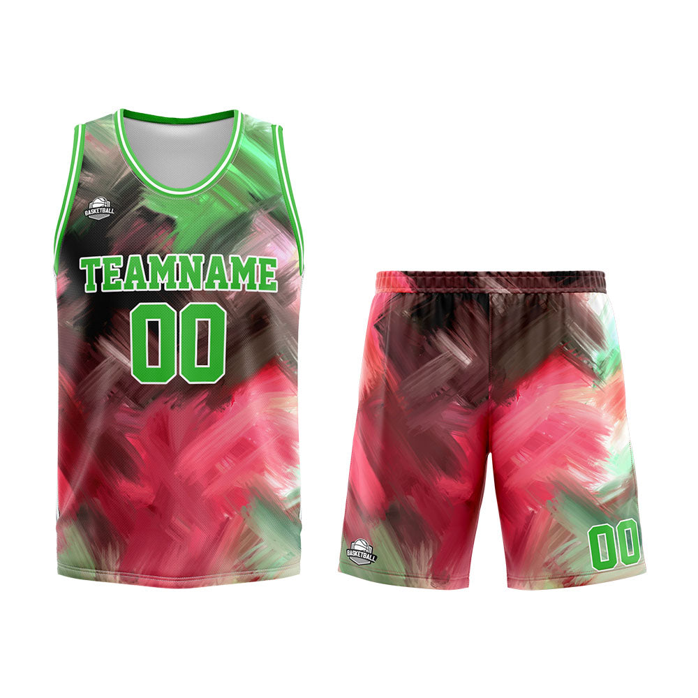 Uniforme de baloncesto personalizado verde y rojo con tu logotipo-nombre y número impresos