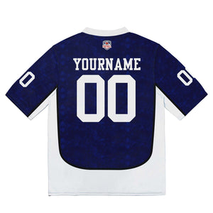 Camiseta de fútbol personalizada con nombre y número del equipo bordados y estampados en color azul marino