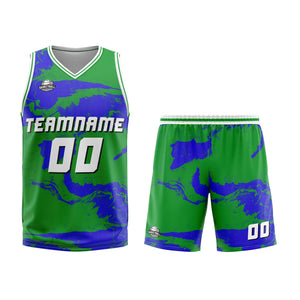 Uniforme de baloncesto personalizado verde y azul con tu logotipo-nombre y número impresos