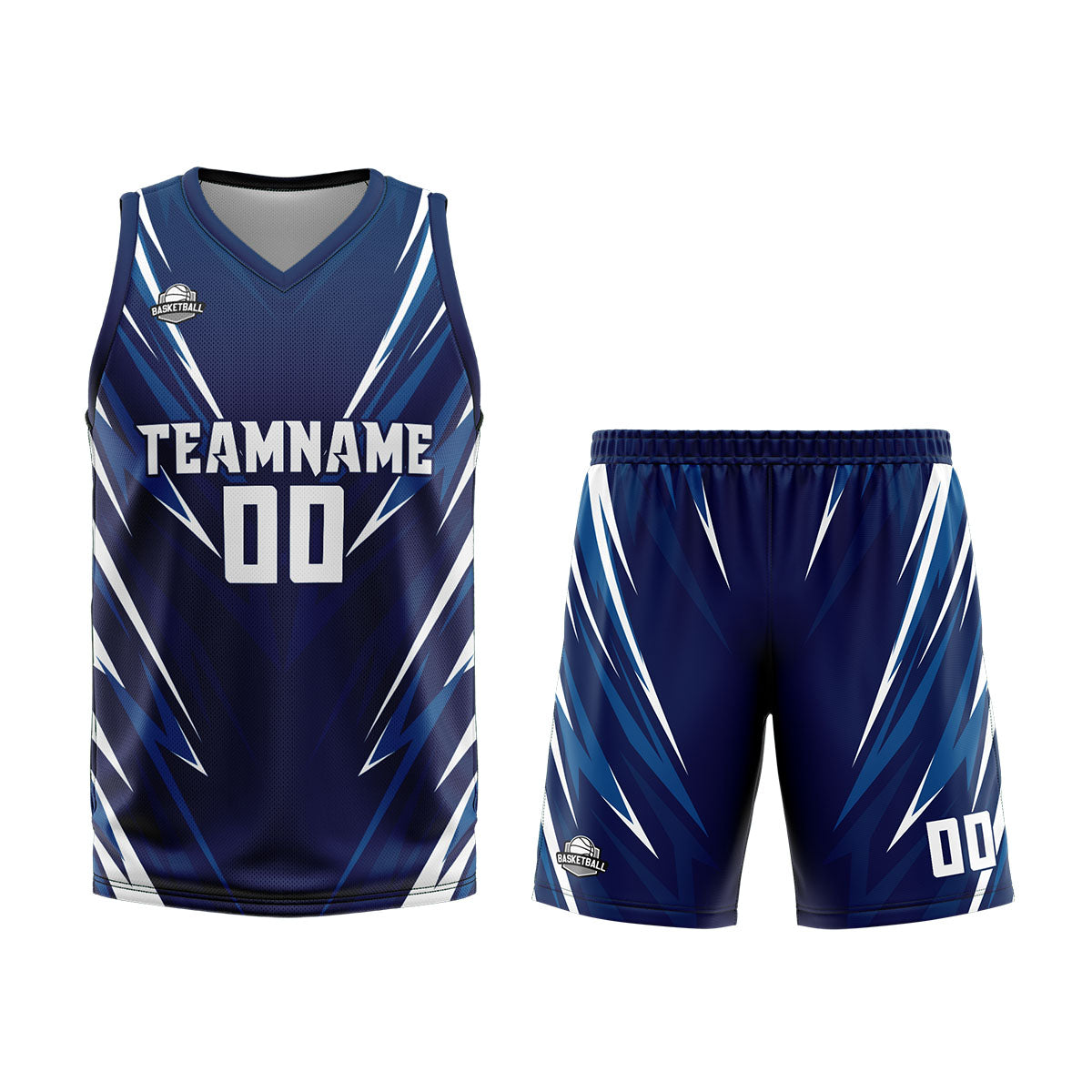 Uniforme de baloncesto triangular azul oscuro personalizado con su logotipo-nombre y número impresos