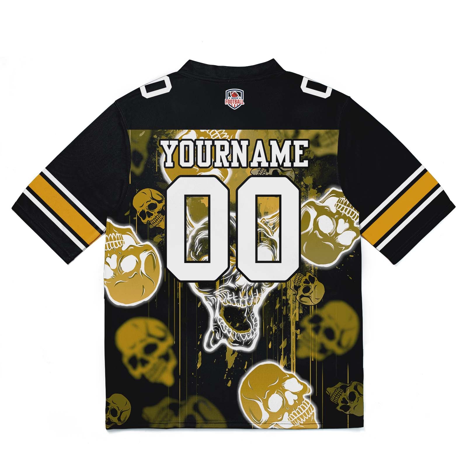 Camiseta de fútbol personalizada con nombre y número del equipo bordados y estampados-estilo grafiti con calavera dorada