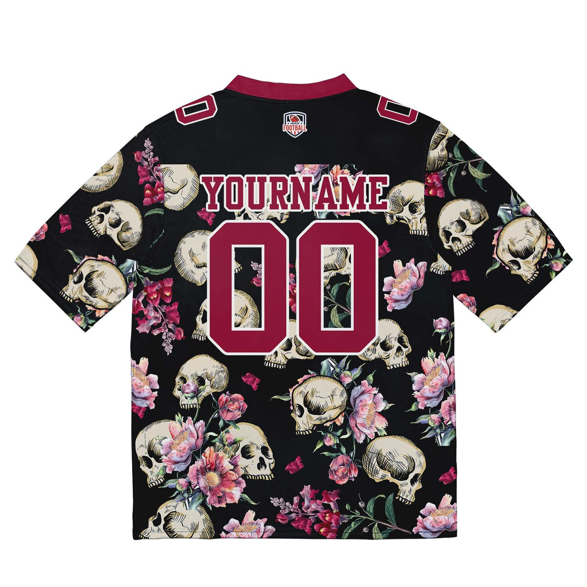 Camiseta de fútbol personalizada con nombre y número del equipo bordados y estampados en forma de calavera magenta