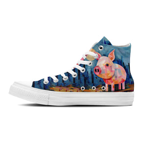 Piggy Dreams: Zapatillas unisex de media caña de lona -Adéntrate en un mundo artístico con divertidos estampados de cerditos para hombre y mujer