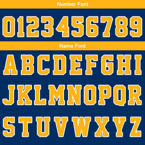 Uniforme de baloncesto personalizado azul marino y amarillo con tu logotipo-nombre y número impresos