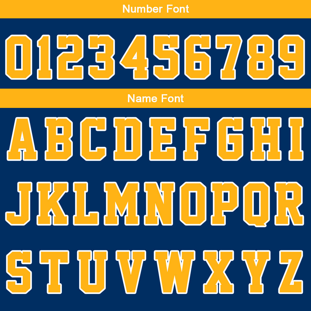 Uniforme de baloncesto personalizado azul marino y amarillo con tu logotipo-nombre y número impresos
