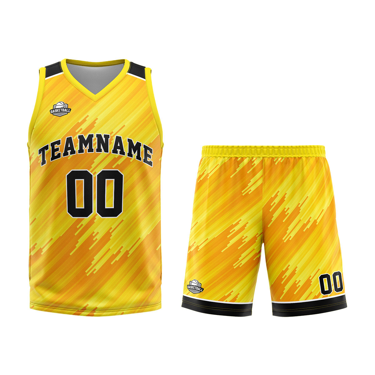 Uniforme de baloncesto amarillo personalizado tipo rayas con su logotipo-nombre y número impresos