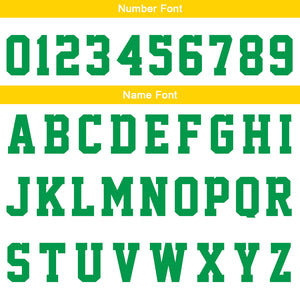 Uniforme de baloncesto personalizado blanco-verde y amarillo con tu logotipo-nombre y número impresos
