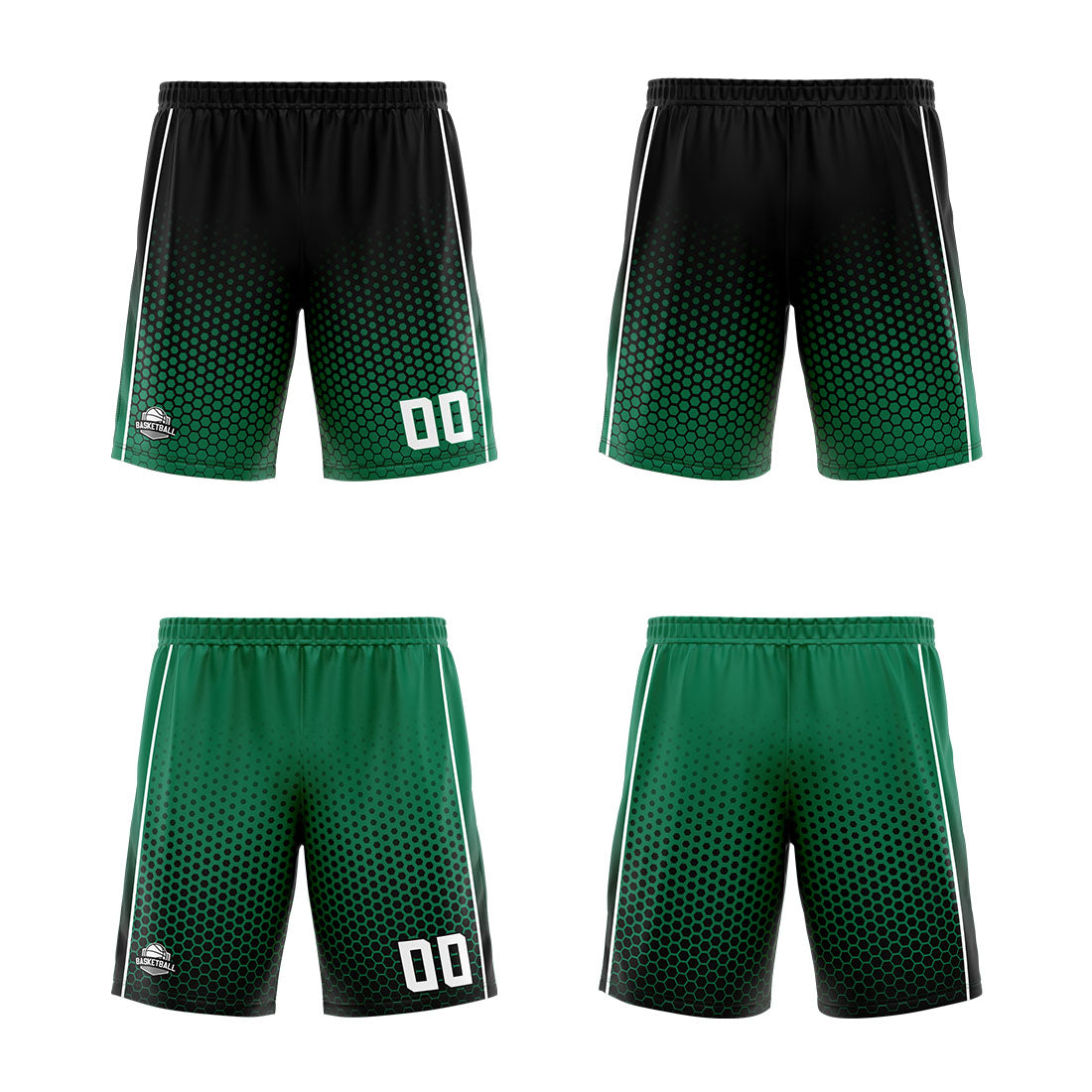 Traje de baloncesto reversible personalizado en negro-verde y blanco para adultos y niños