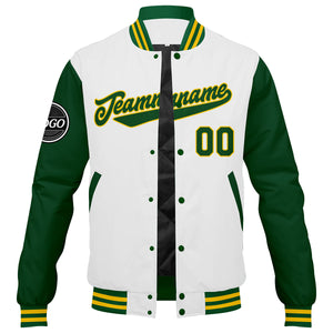 Chaqueta universitaria personalizada estilo Letterman para hombres-mujeres y jóvenes en colores verde-amarillo y blanco
