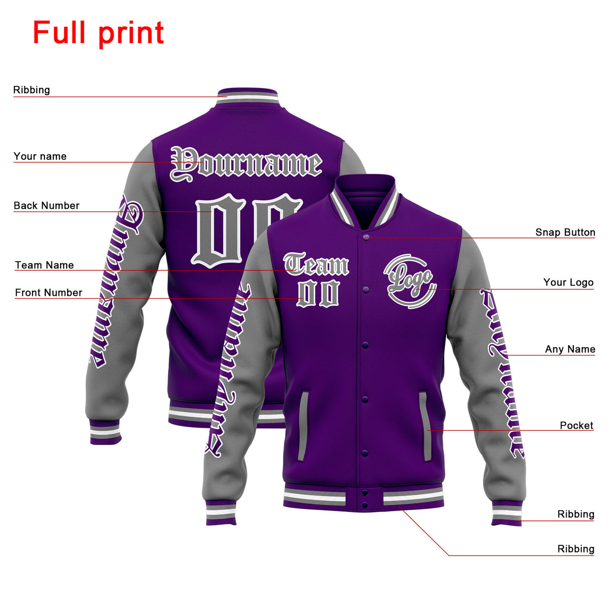 Chaqueta universitaria personalizada estilo Letterman para hombres-mujeres y jóvenes-color morado y gris