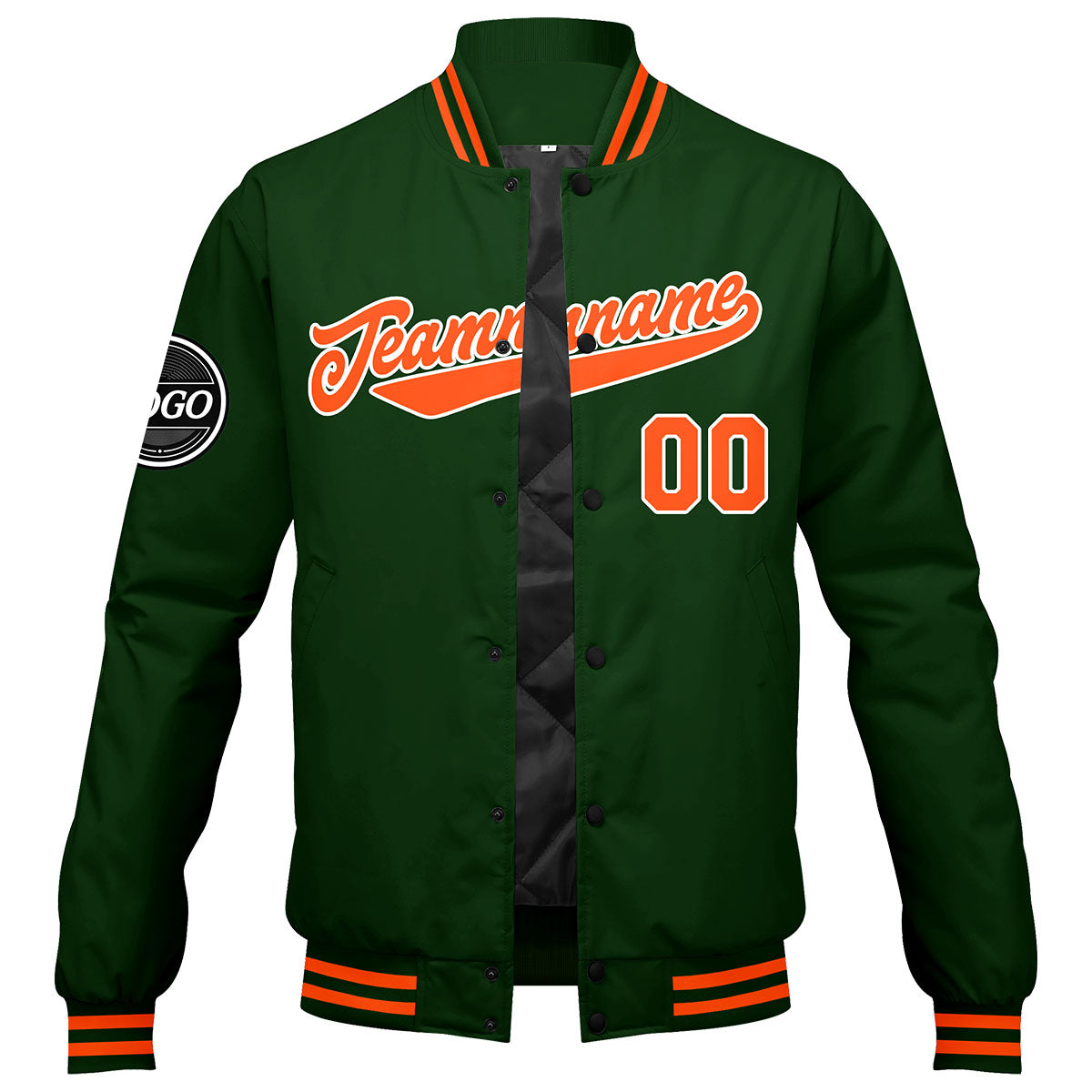 Chaqueta universitaria personalizada estilo Letterman para hombres-mujeres y jóvenes-color verde oscuro y naranja