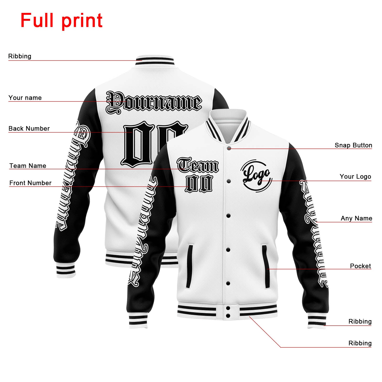 Chaqueta universitaria personalizada estilo Letterman para hombres-mujeres y jóvenes-color blanco y negro