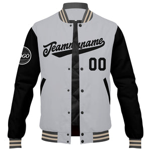 Chaqueta universitaria personalizada estilo Letterman para hombres-mujeres y jóvenes en color gris-negro y crema
