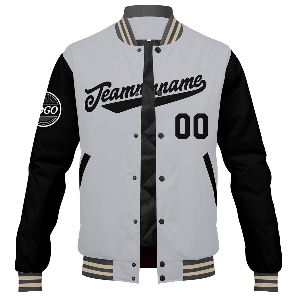 Chaqueta universitaria personalizada estilo Letterman para hombres-mujeres y jóvenes en color gris-negro y crema