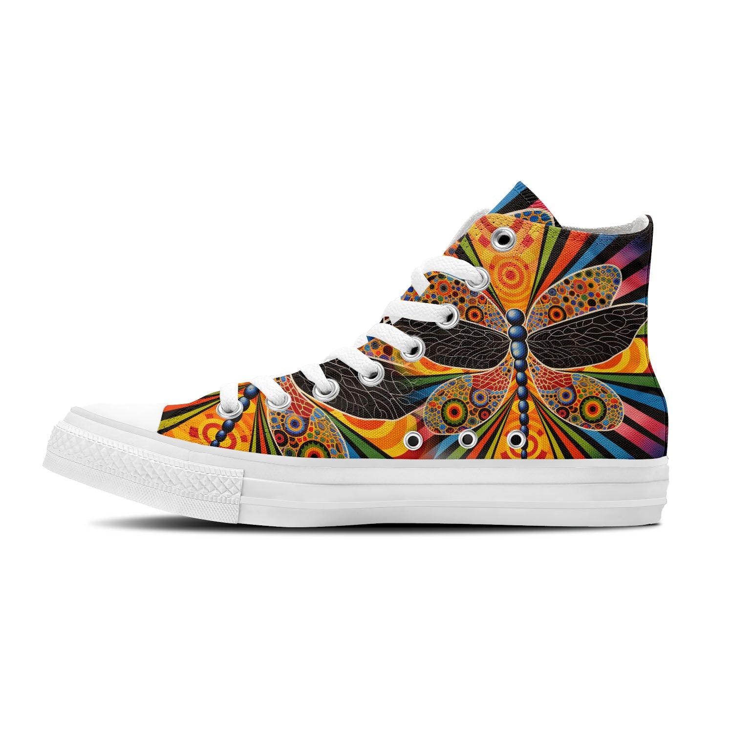 Vuelo artístico: Zapatillas de lona de caña alta con ilustraciones de libélulas estilo Op Art: eleva tu estilo tanto para hombres como para mujeres