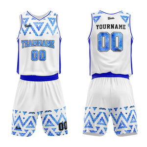 Uniforme de baloncesto personalizado blanco y azul con cielo estrellado impreso con tu logotipo-nombre y número