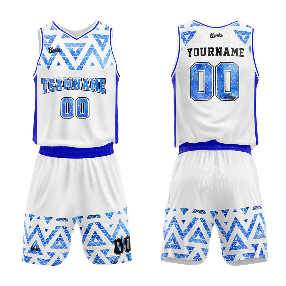 Uniforme de baloncesto personalizado blanco y azul con cielo estrellado impreso con tu logotipo-nombre y número
