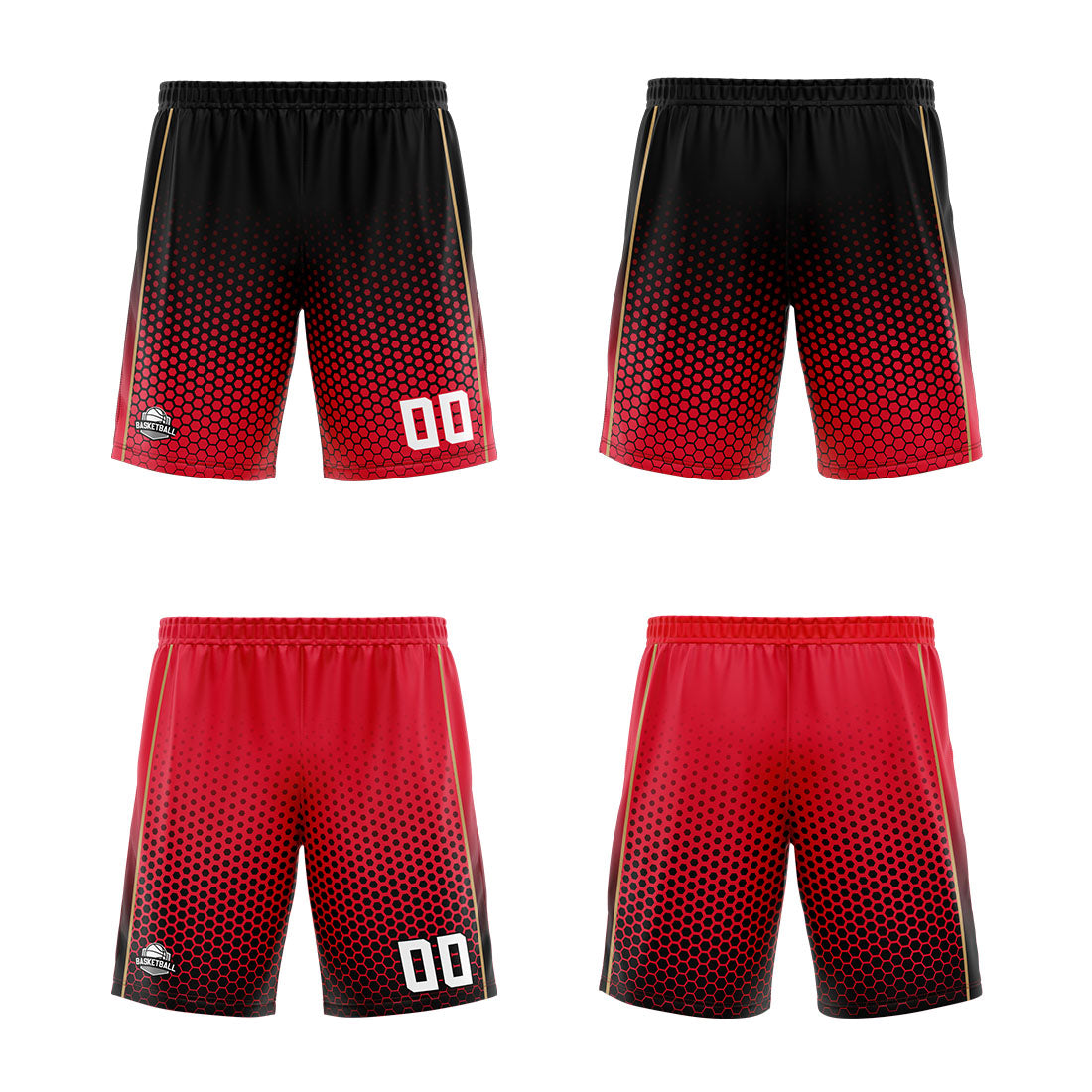 Traje de baloncesto reversible negro-rojo y dorado personalizado para adultos y niños