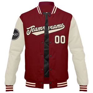 Chaqueta universitaria personalizada estilo Letterman para hombres-mujeres y jóvenes-color crema carmesí
