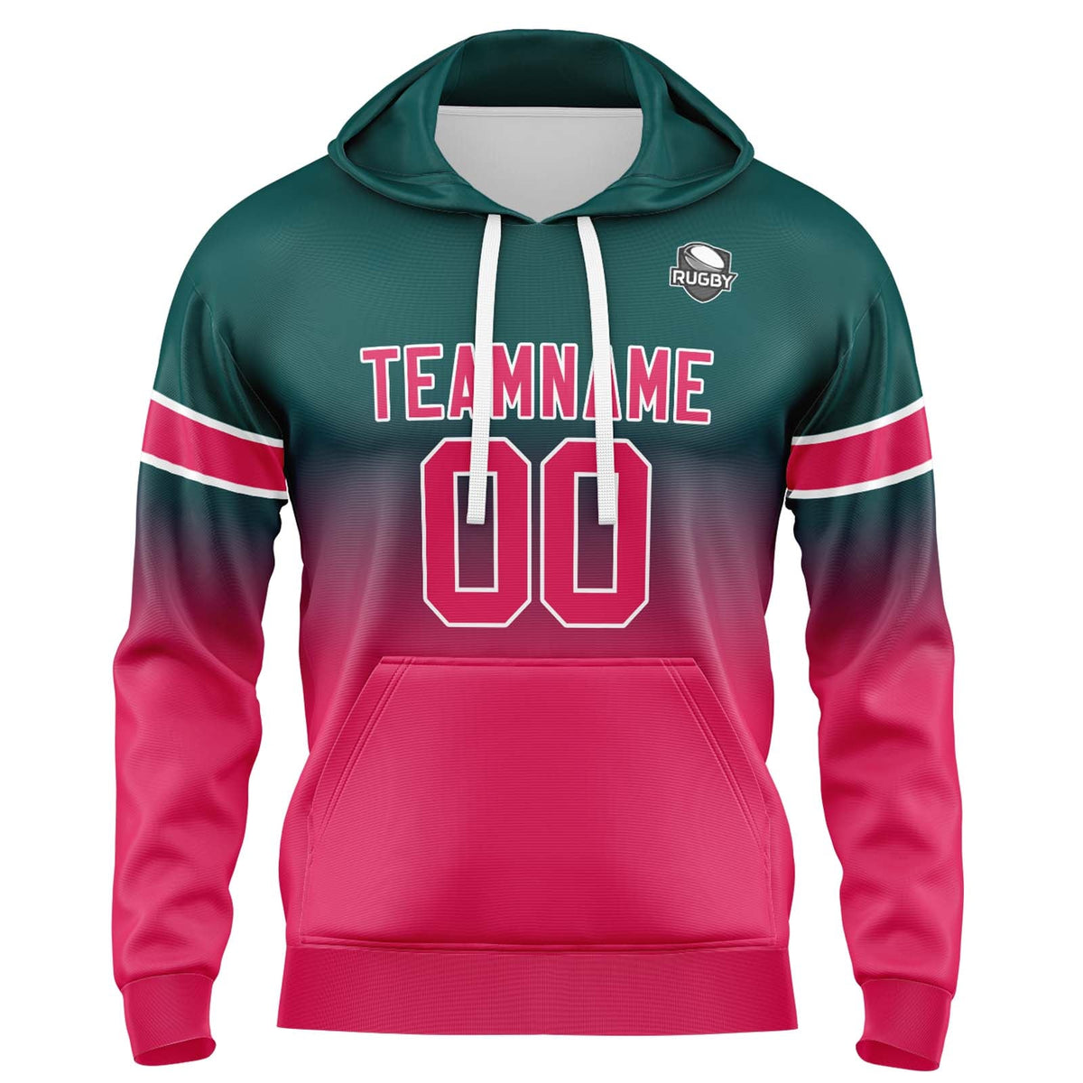 Sudadera con capucha personalizada con degradado para hombre-mujer-niña o niño Estampa tu logotipo-nombre y número en verde oscuro y rosa