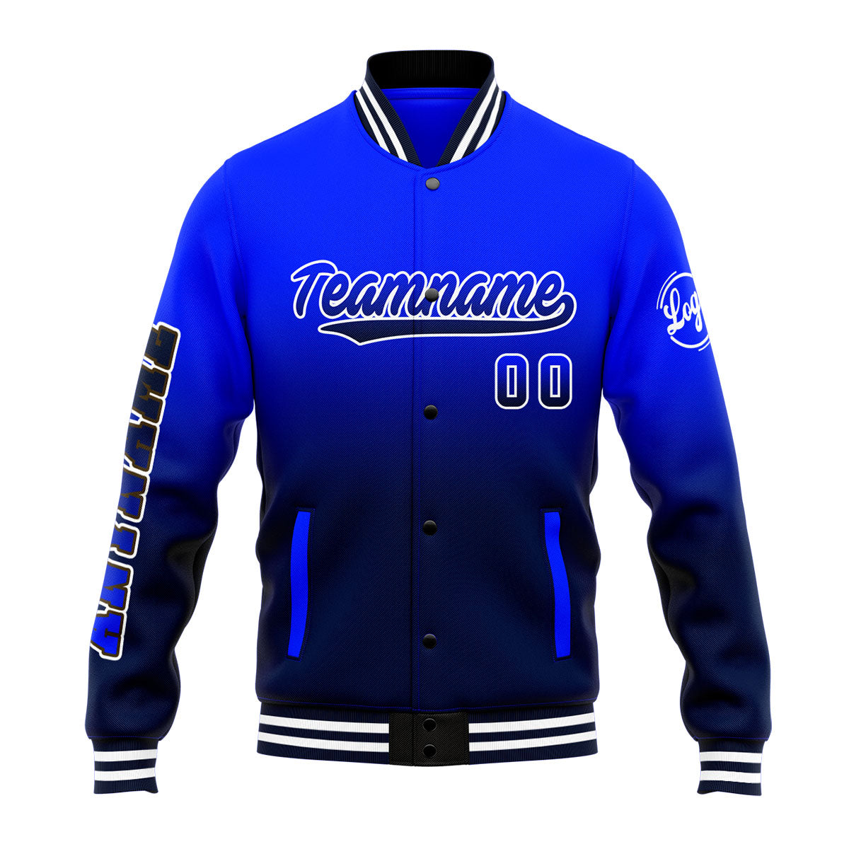 Chaqueta universitaria personalizada estilo Letterman para hombres-mujeres y jóvenes (azul marino y azul marino)